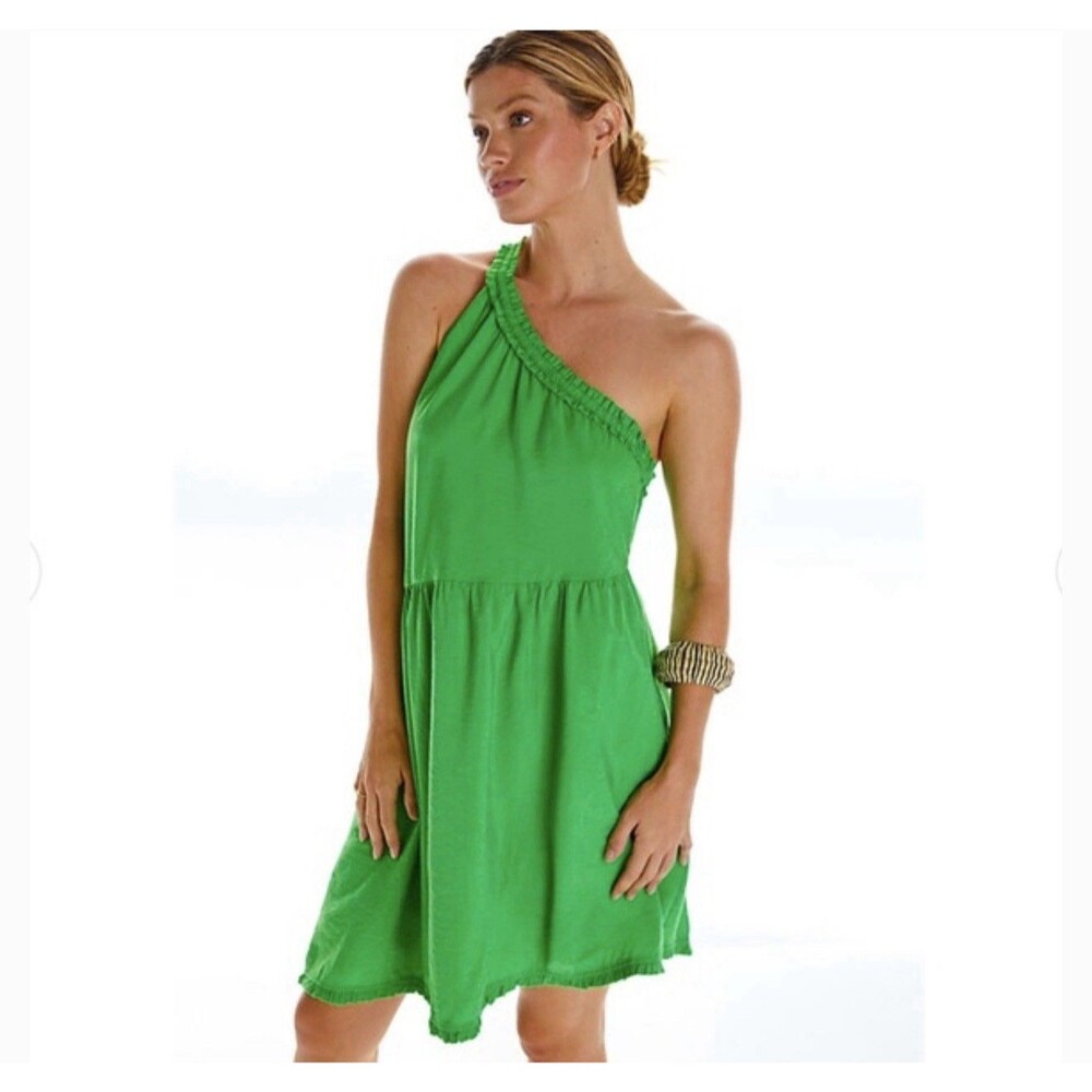 Anthropologie Ruffled One-Shoulder Mini Dress Sleeveless Flowy Green Size Small
